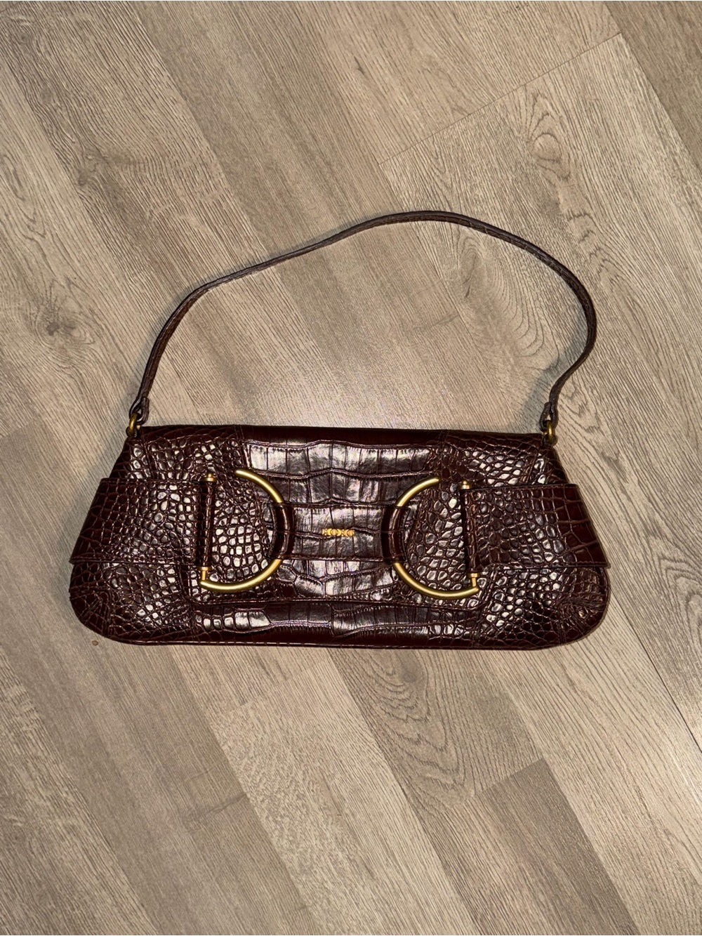 XOXO Croc-Embossed Shoulder Bag in Dark Brown with Gold Hardware